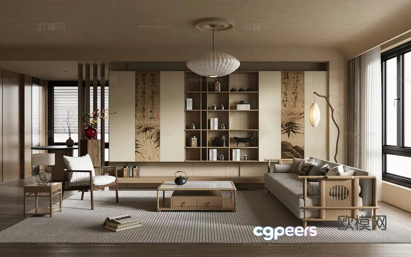 New Chinese-style home living room small living room sofa and coffee table combination solid wood tea cabinet 3D model