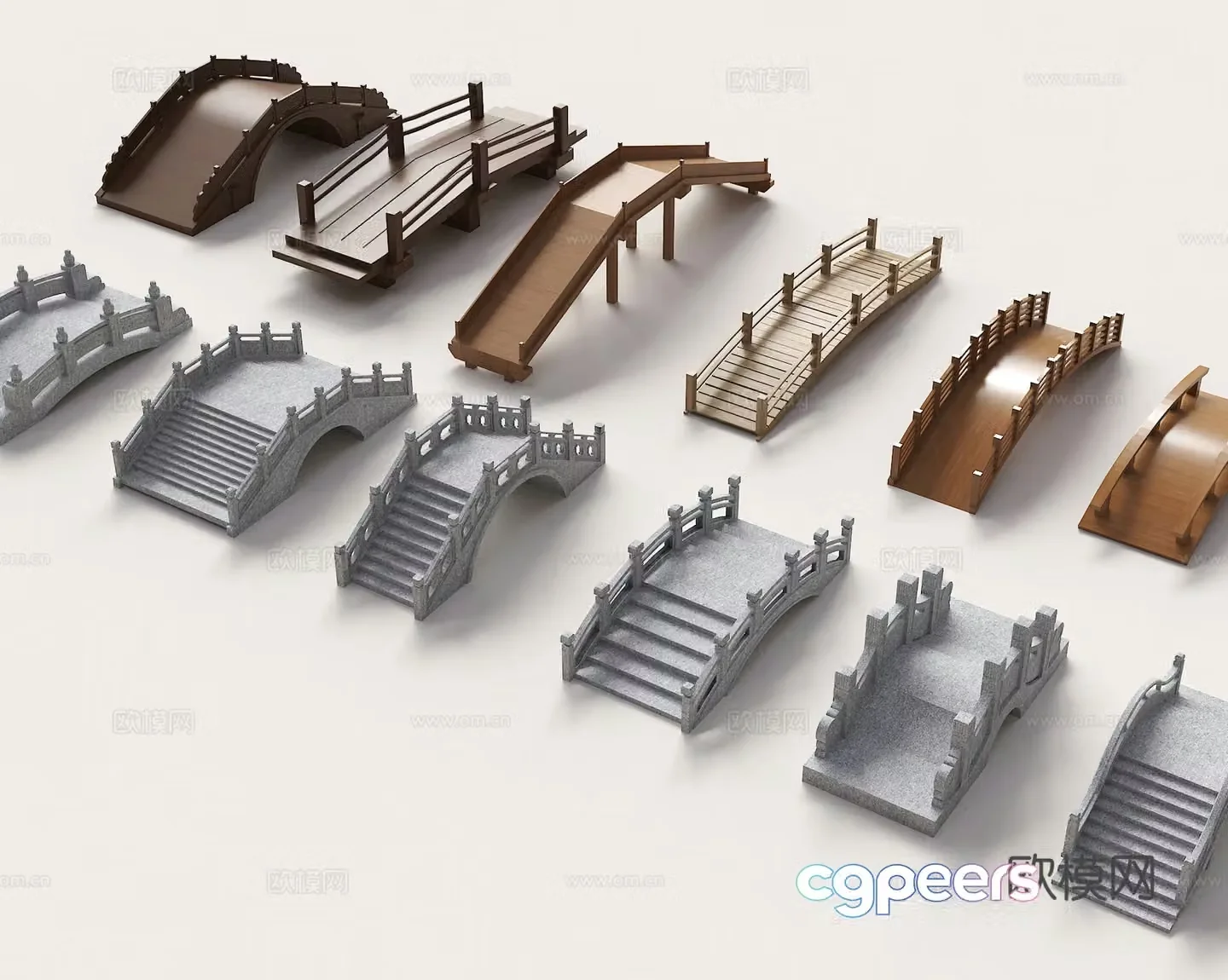 Chinese-style small wooden bridge wooden arch bridge small arch bridge landscape bridge railing bridge footbridge park landscape 3D model