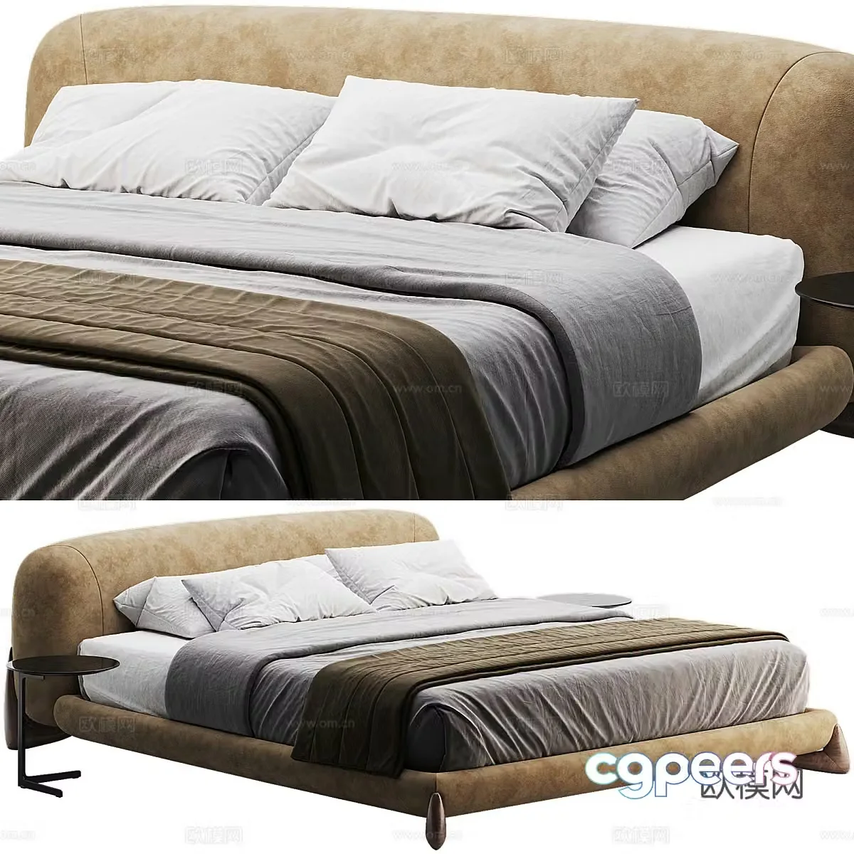 Modern cream style fabric double bed 3d model