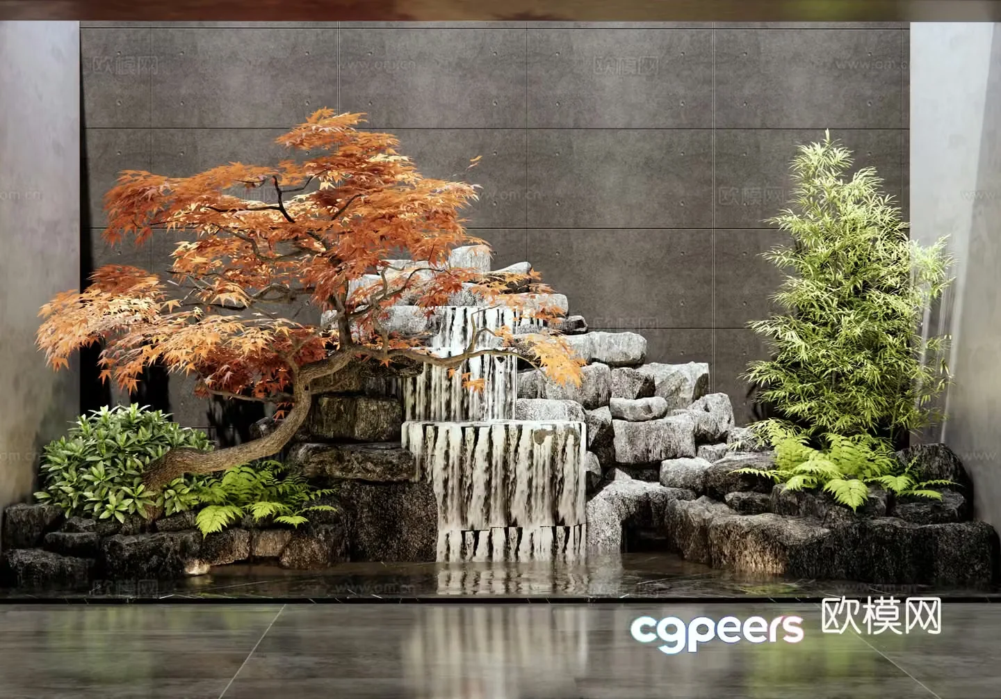 New Chinese style rockery waterscape interior landscape sketch stone patio landscape courtyard sketch red maple 3d model