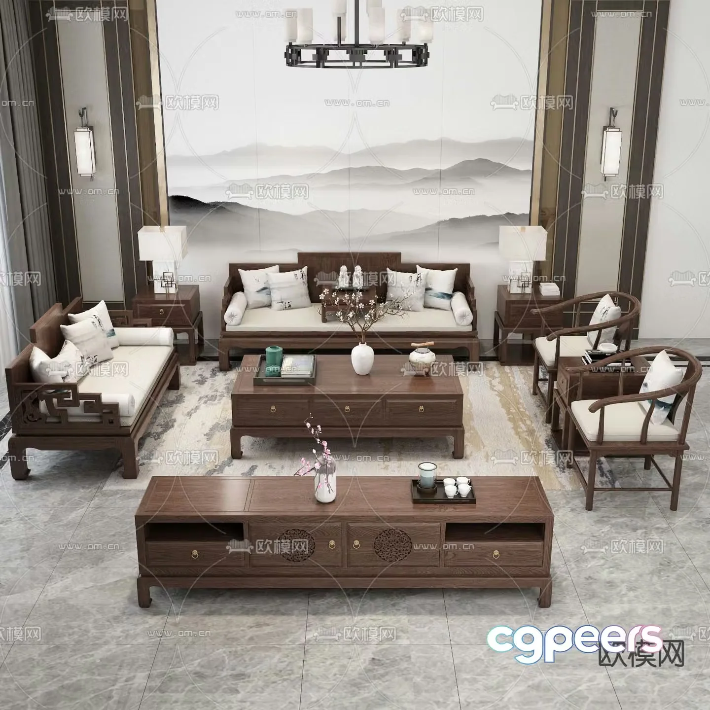 Chinese style living room modular sofa 3d model