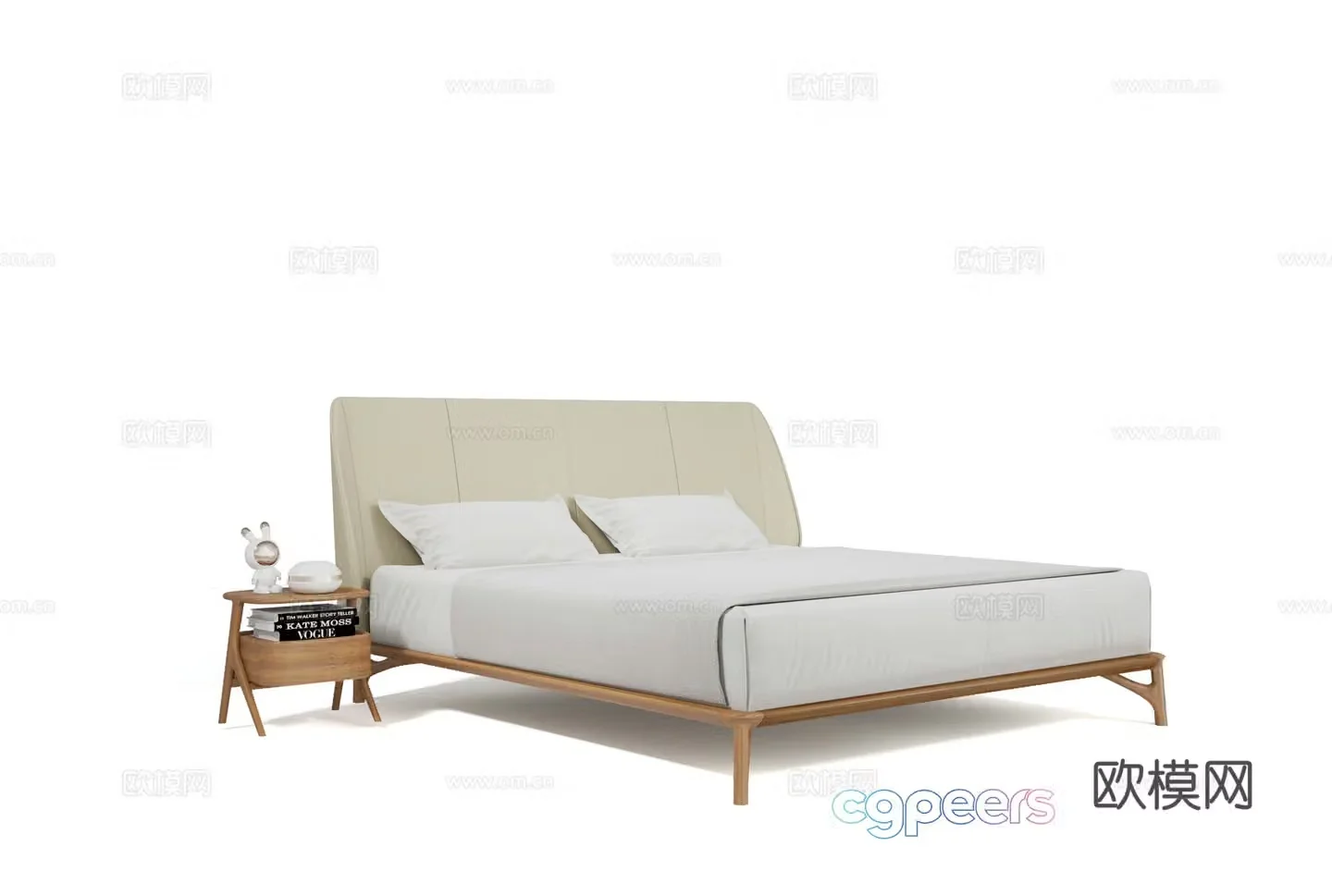 Creamy Double Bed Log Wind Double Bed 3D Model