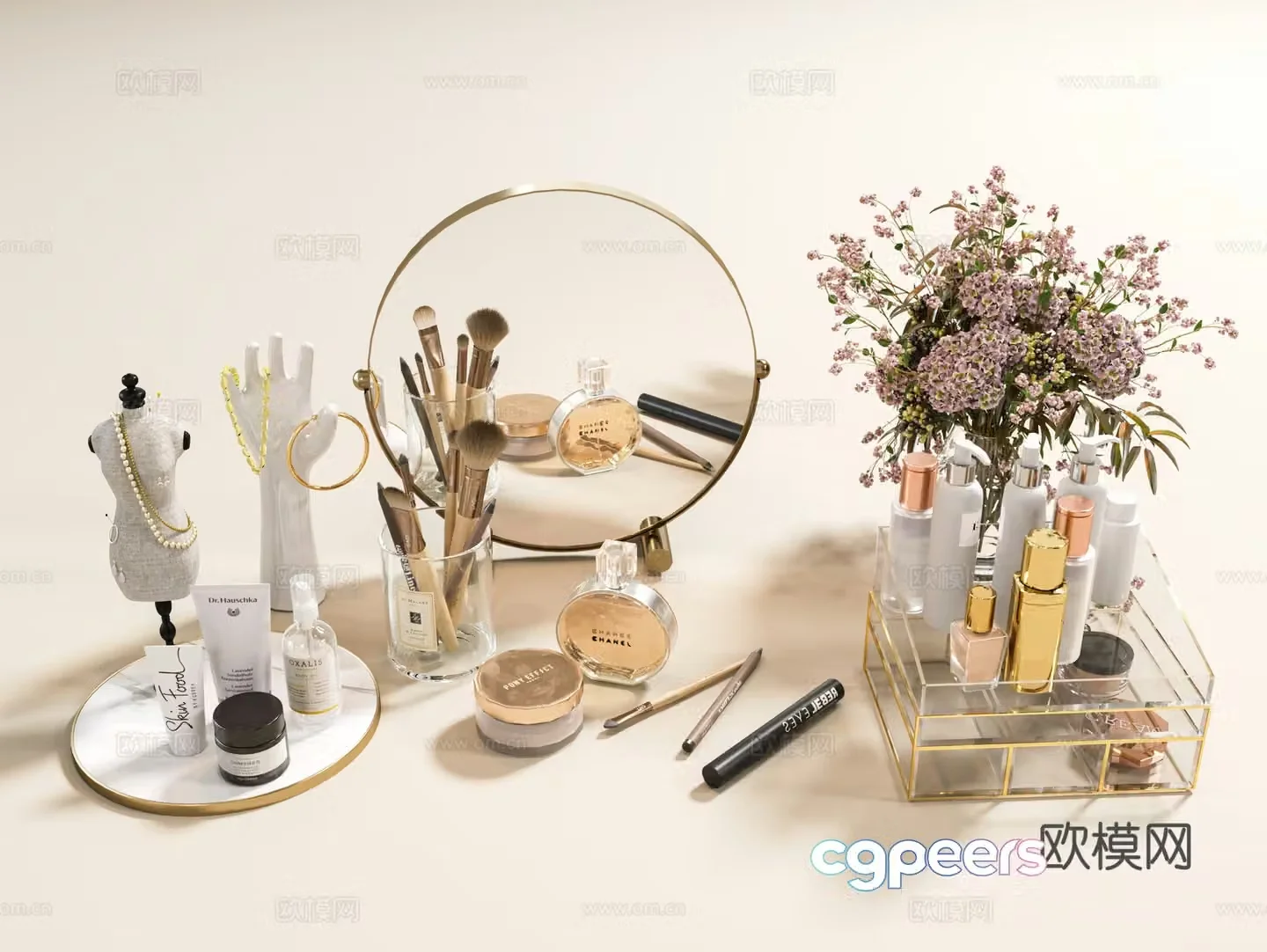 Modern cosmetics cosmetics cosmetic combination makeup mirror vase dressing table jewelry jewelry decoration 3d model
