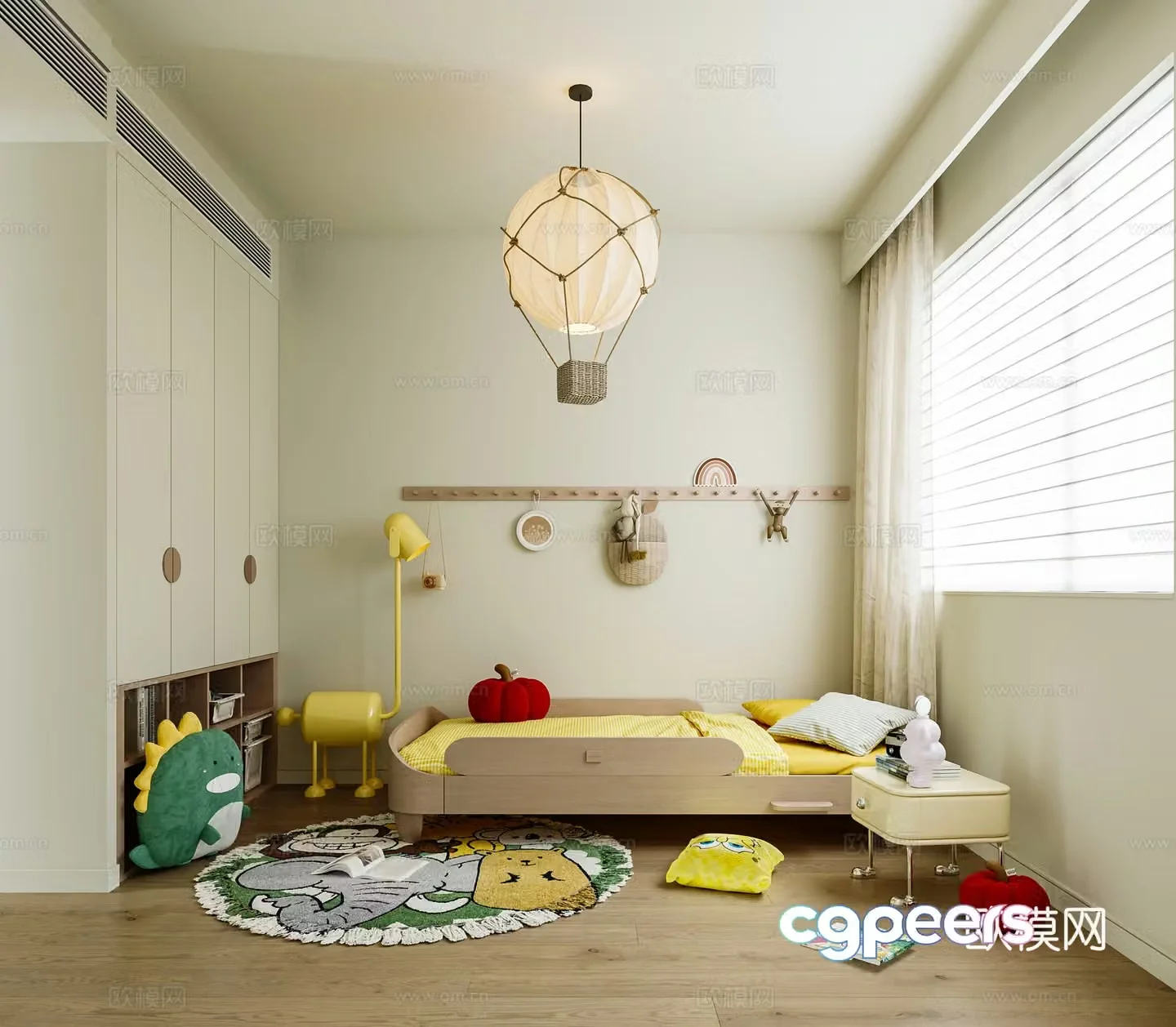 Modern creamy boy room chest of drawers side table bedside table toy children’s bed 3d model