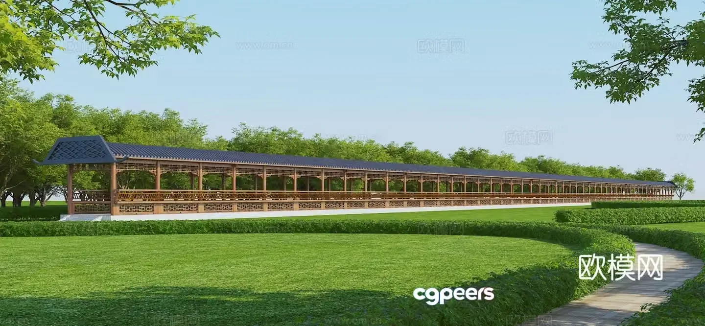 Chinese style promenade landscape corridor gallery 3D model