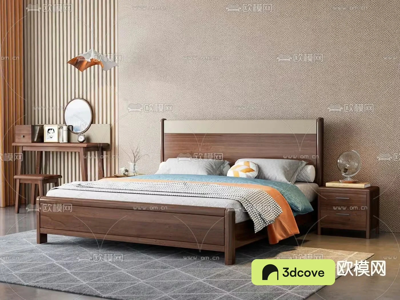 Simple double bed solid wood bed