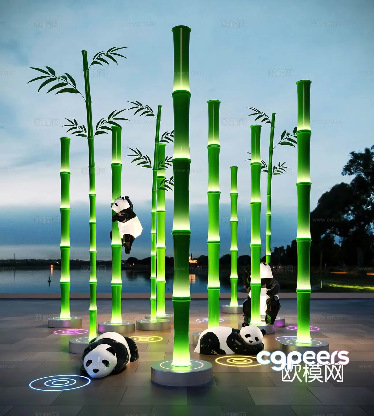 Modern landscape sculpture Bamboo sculpture Panda sculpture Square sculpture installation Bamboo installation 3d model