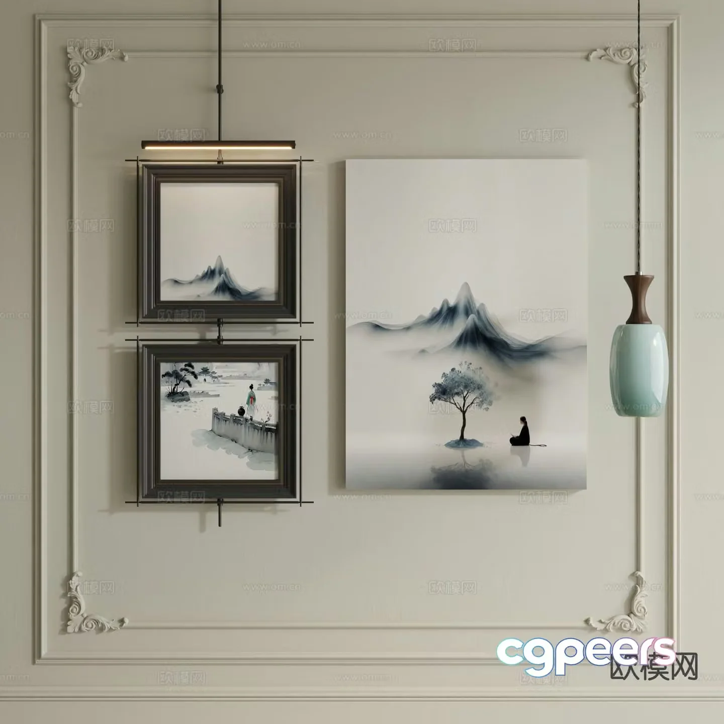 New Chinese style ink painting hanging rod decorative painting landscape hanging painting 3D model
