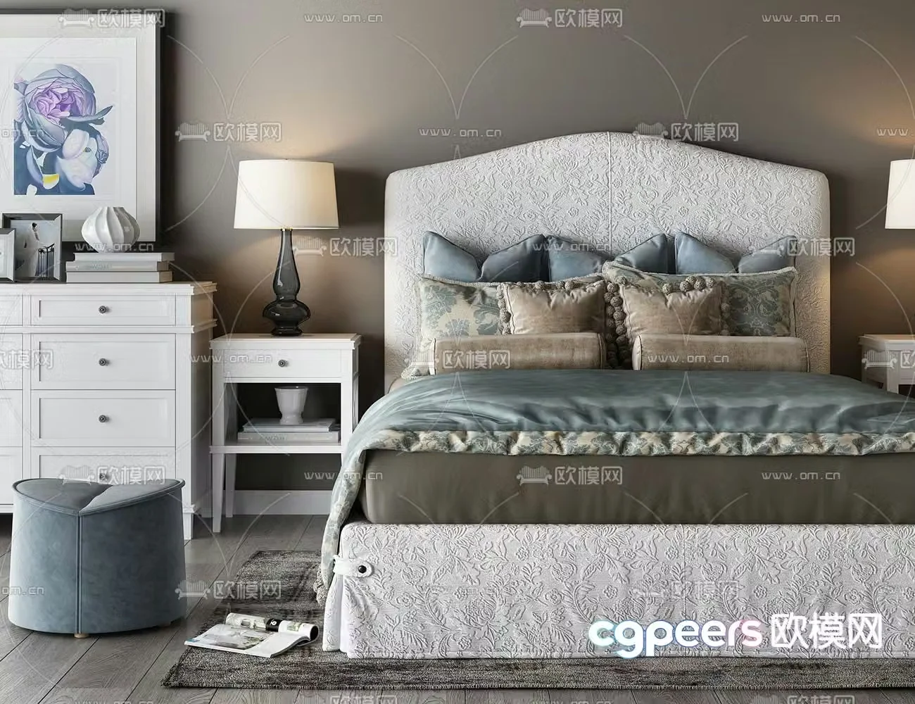 Simple European double bed 3d model