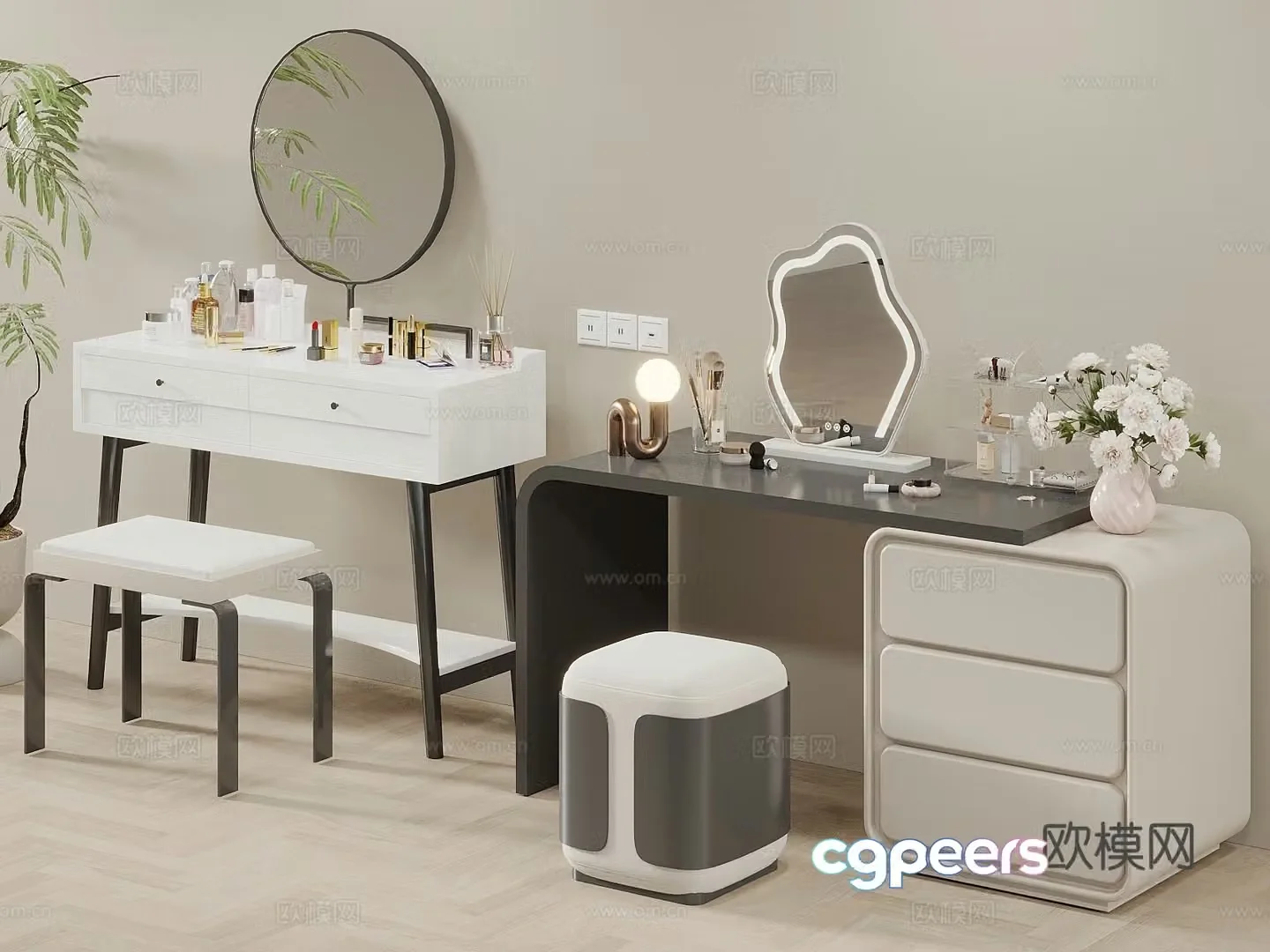 Modern cream style dressing table dressing table combination dressing stool cosmetics makeup mirror 3d model