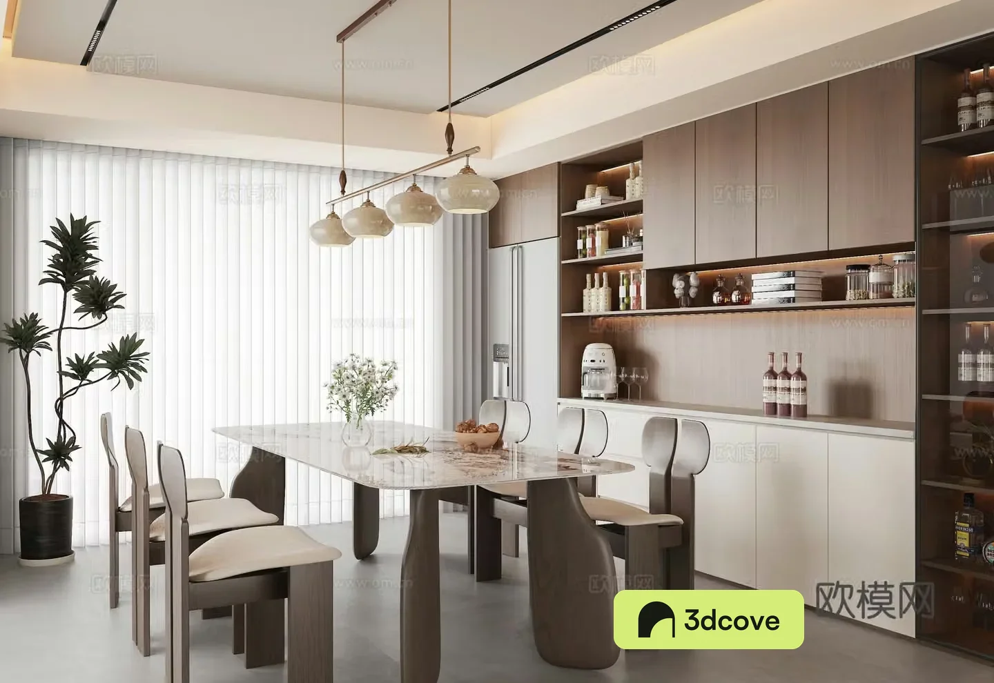 Middle style restaurant dining table and chair combination sideboard chandeliers 3D model