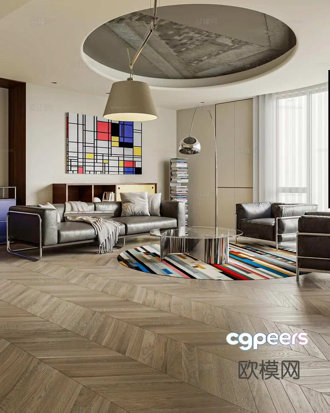 Modern Bauhaus living room usm chest of drawers metal leather sofa medieval round table living room without owner light 3d model