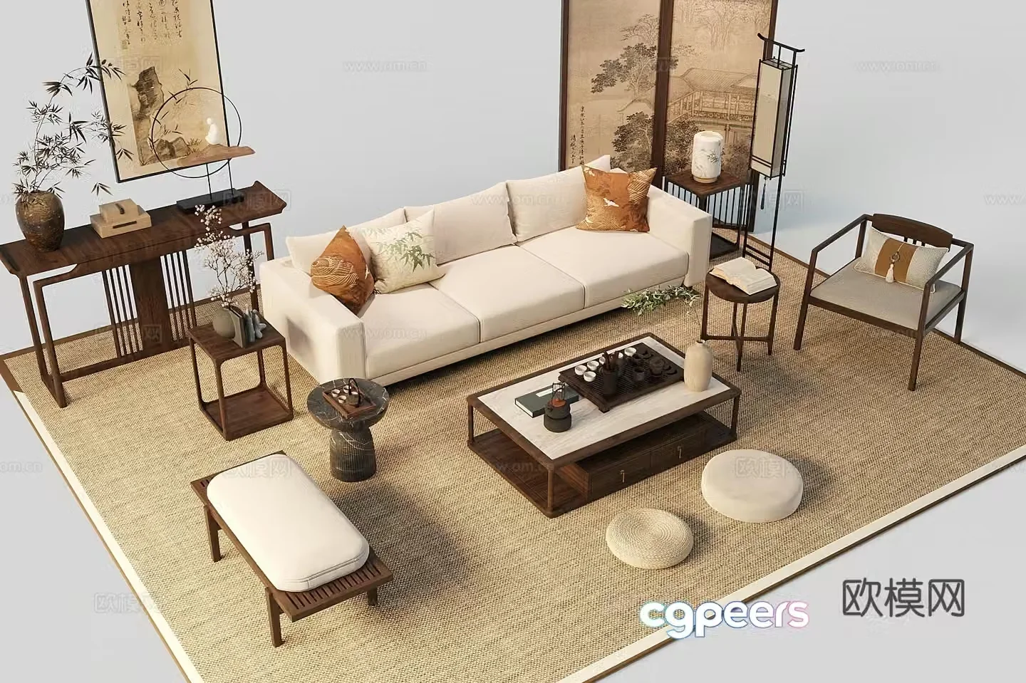 New Chinese Zen sofa combination solid wood sofa living room sofa Song style aesthetic sofa coffee table combination 3D model