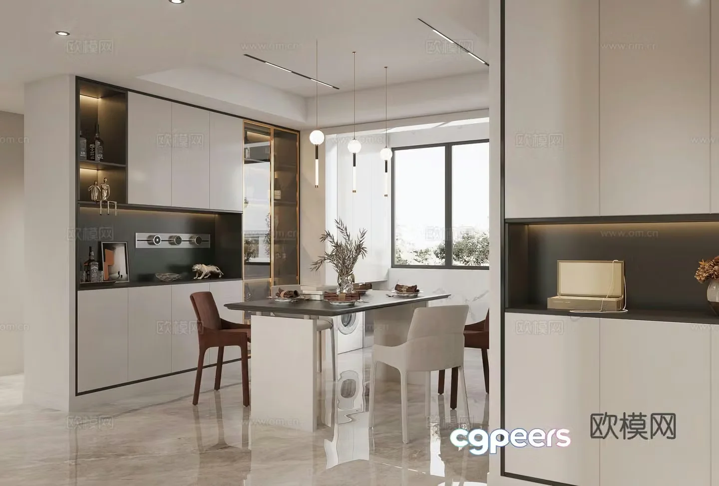 Modern restaurant Dining table Light luxury restaurant Wine cabinet Track socket Modern living restaurant G523d model