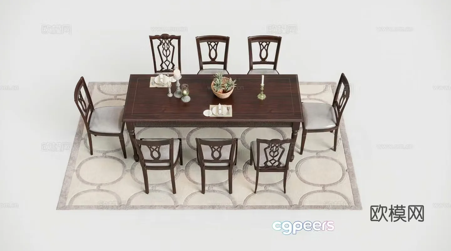 American solid wood dining table and chair 3D model