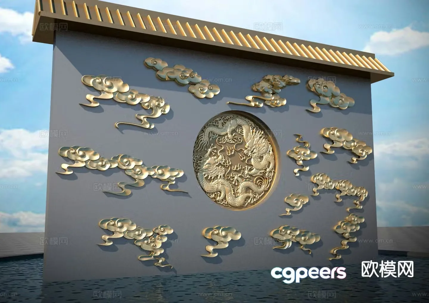 Window grille hollow relief cloud pattern relief landscape wall 3D model