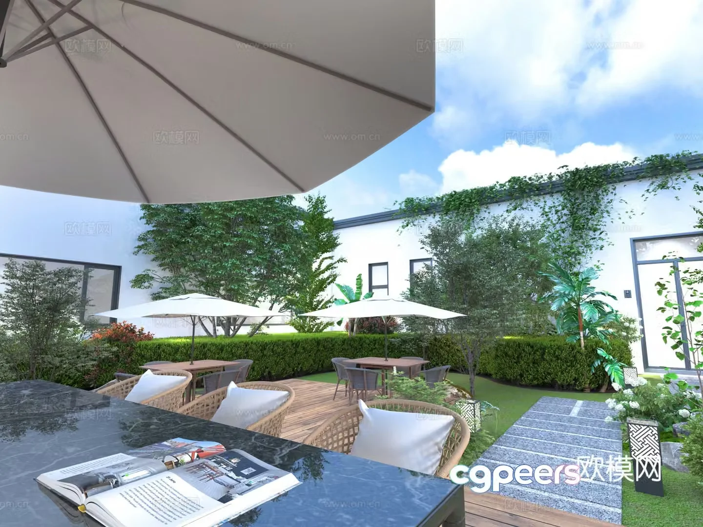 Modern courtyard garden villa garden green plants 3d model