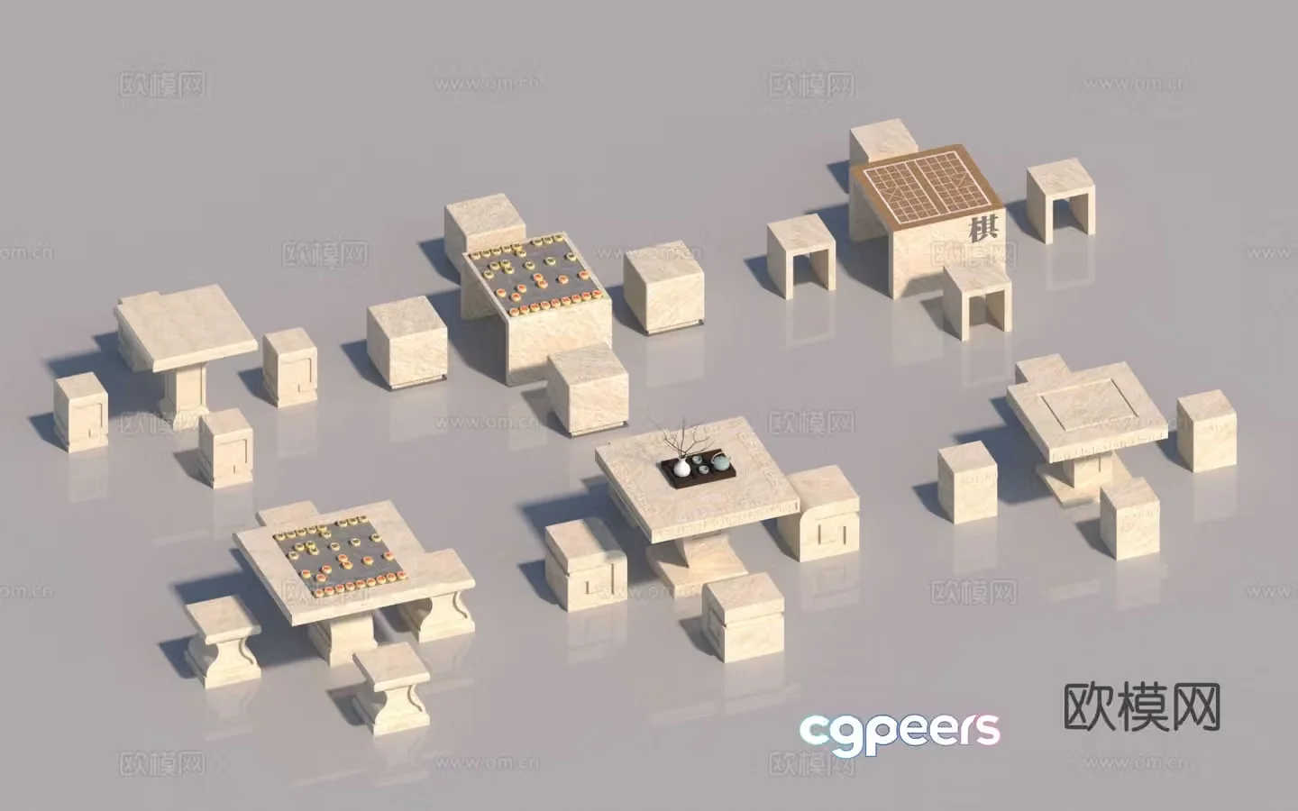 Chinese stone tables and chairs outdoor tables and chairs chess table 3D model