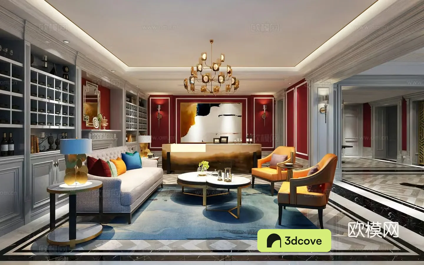 European living room and dining room multi-person sofa single sofa coffee table chandeliers bar steel
