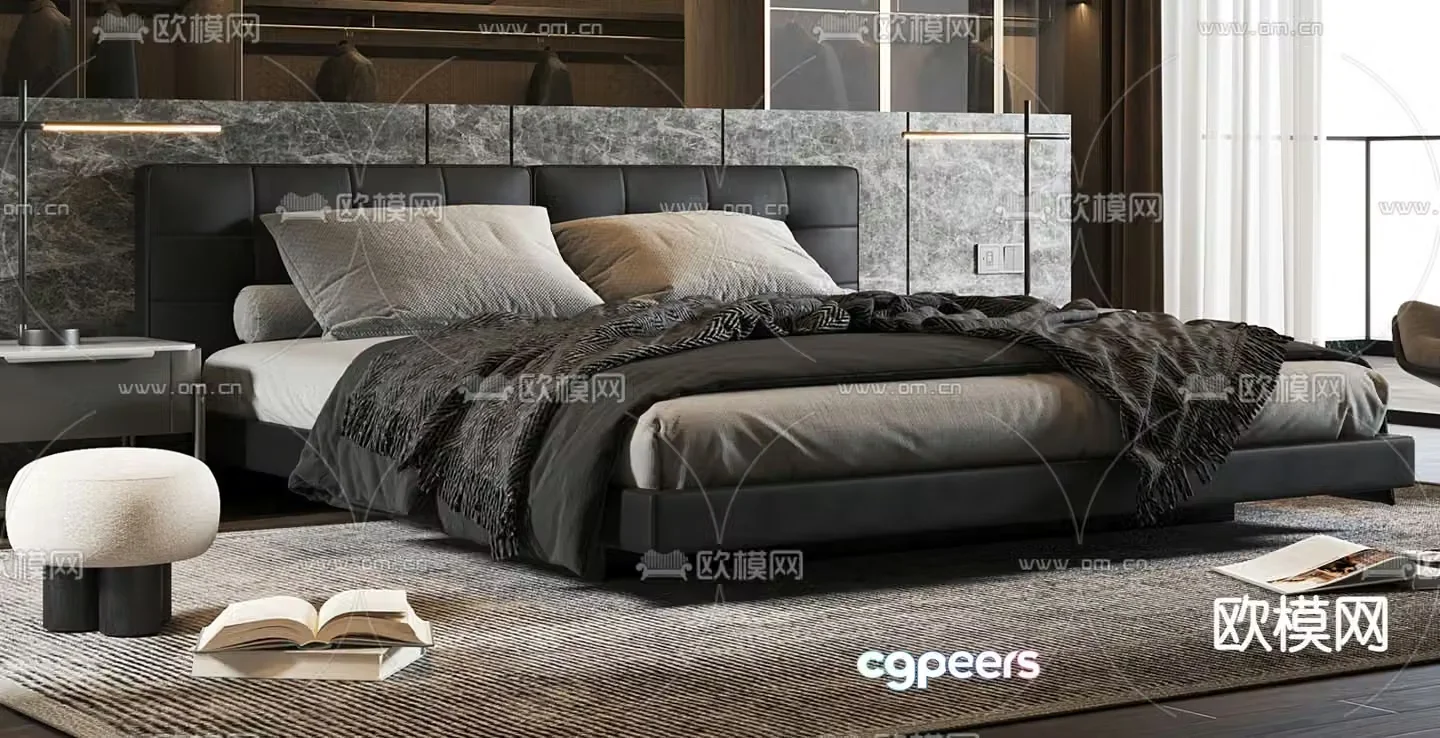 Dark style double bed 3d model