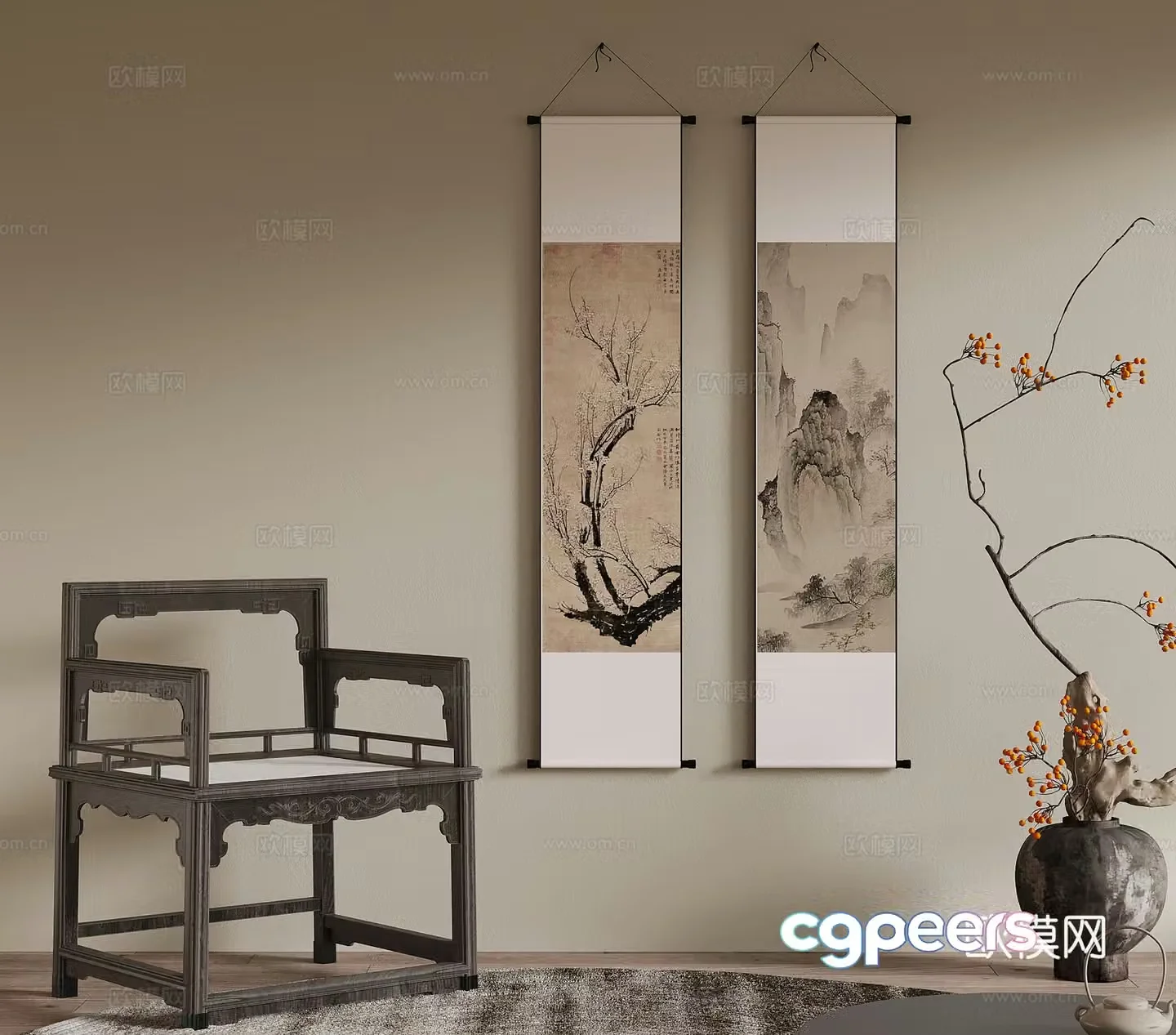 New Chinese style chairs tea chairs solid wood chairs decorative paintings 3D model
