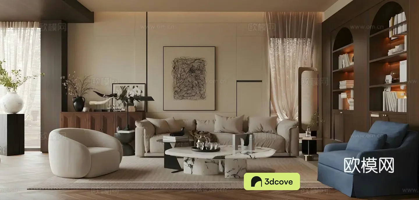 Medium style living room Retro style living room No owner light living room Fabric sofa Medium style sofa coffee table 3D model