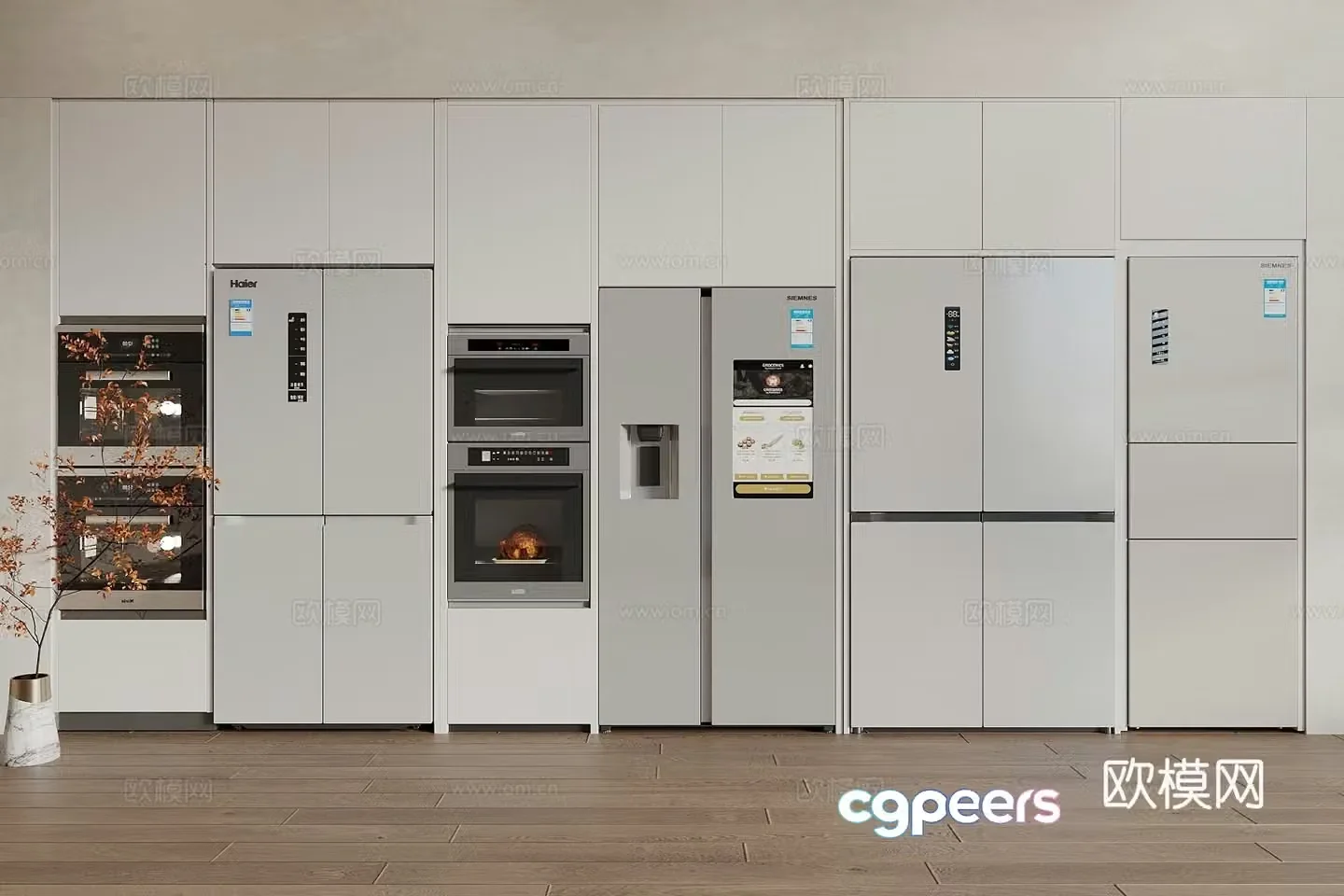 Modern creamy refrigerator cabinet refrigerator freezer oven cabinet double door refrigerator single door 3D model