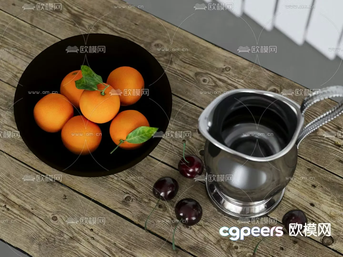 Modern fruit plate oranges cherries iron kettle 3d model