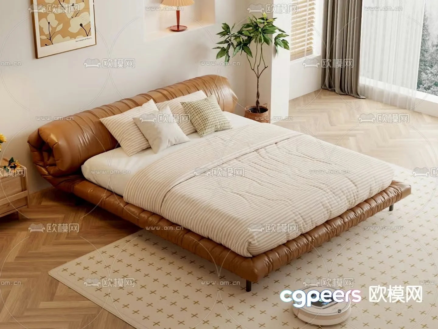 Cream style double bed 3d model