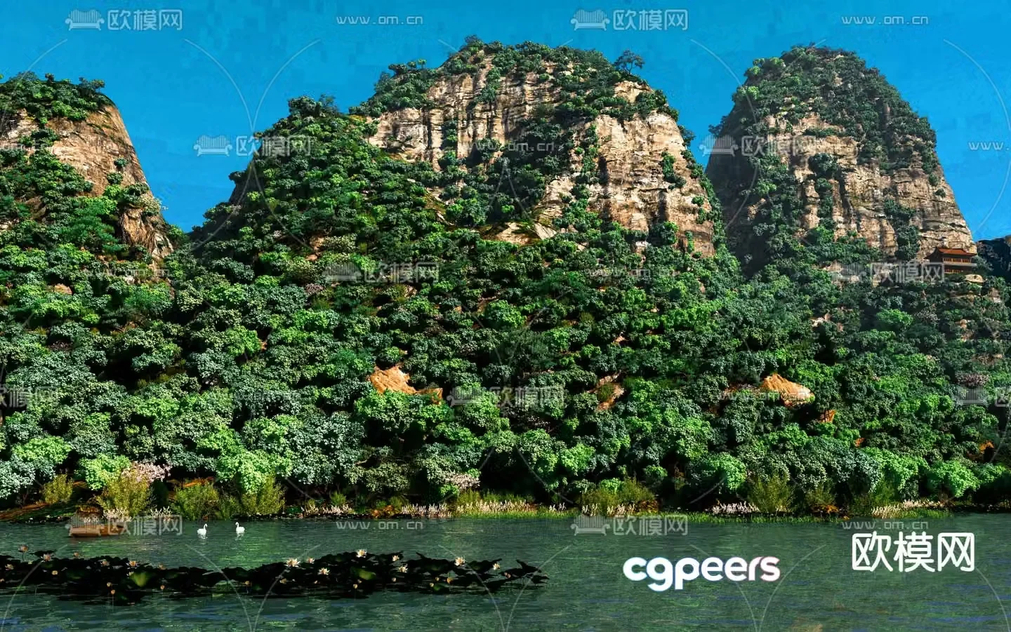 3D model of green mountains and green water landscape