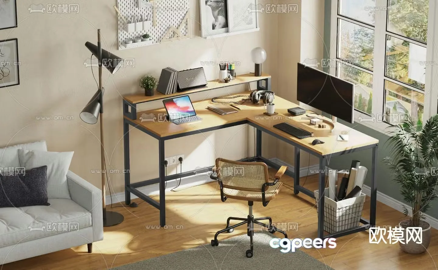 Cream style office desk and chair 3d model