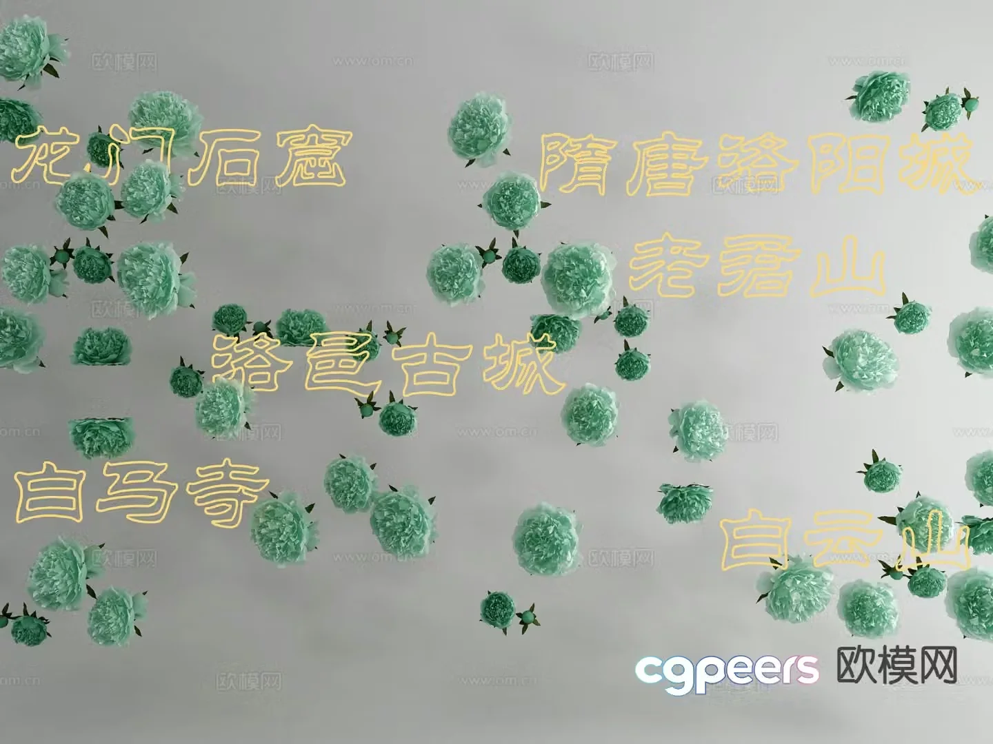 New Chinese Peony Wall Decoration Hanging Decoration Luminous Letters Neon Light 3D Model