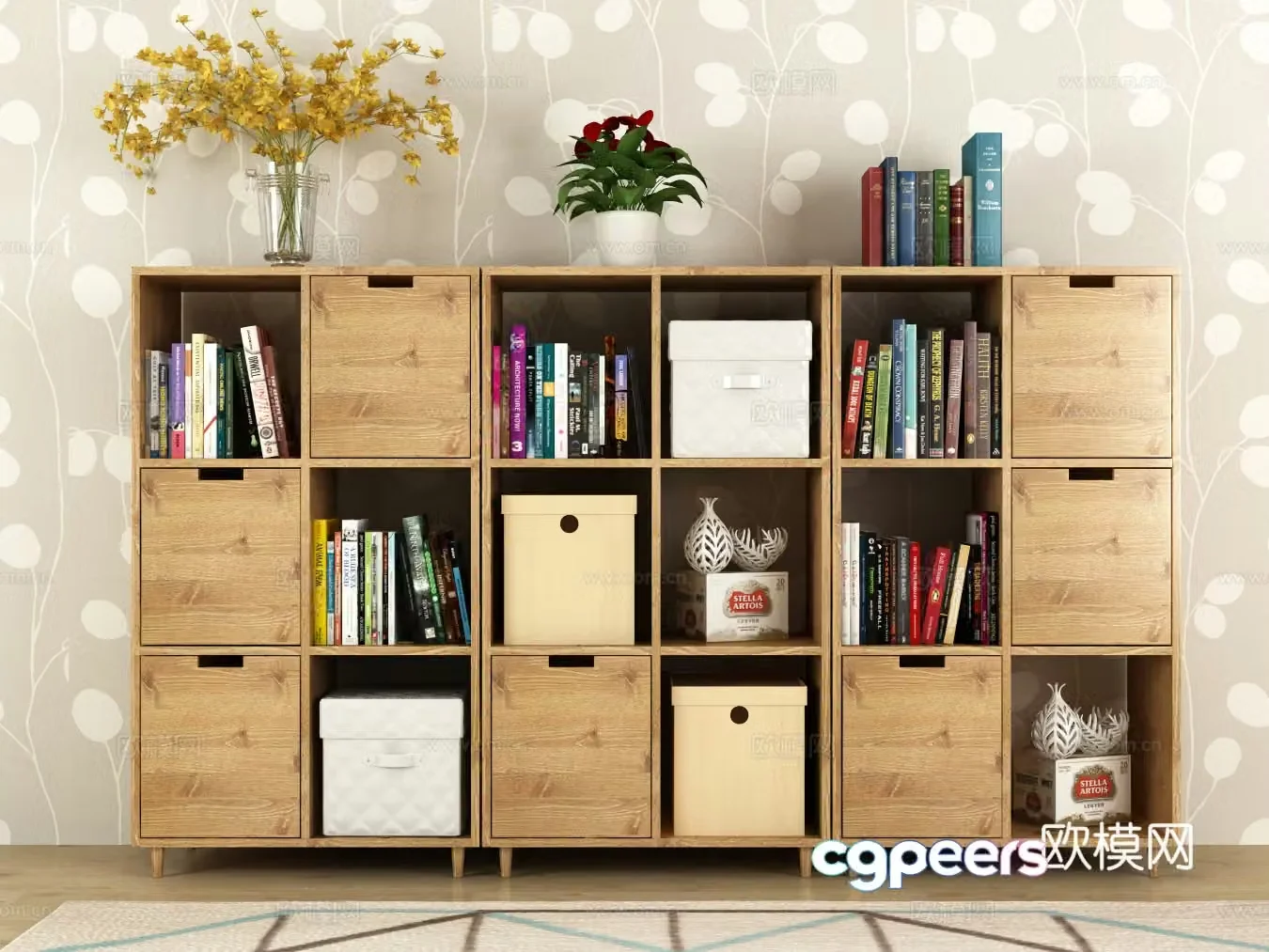 Modern bookcase side cabinet decoration cabinet green plant vase floral ornament carpet 3d model