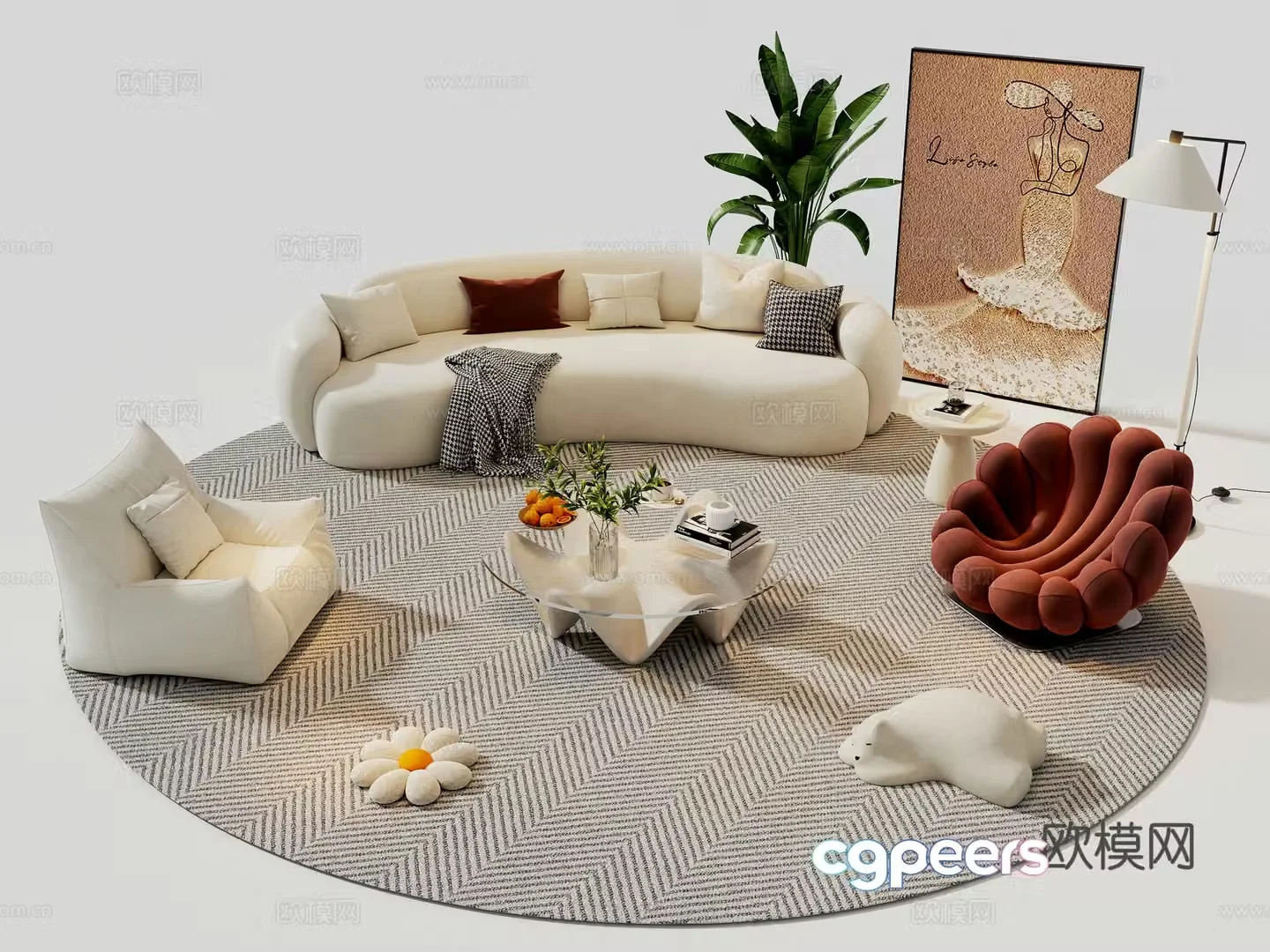 Cream style modular sofa curved sofa 3d model