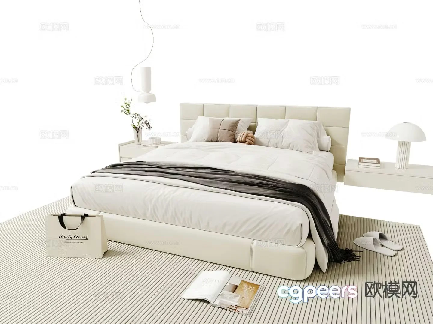Cream style double bed 3d model