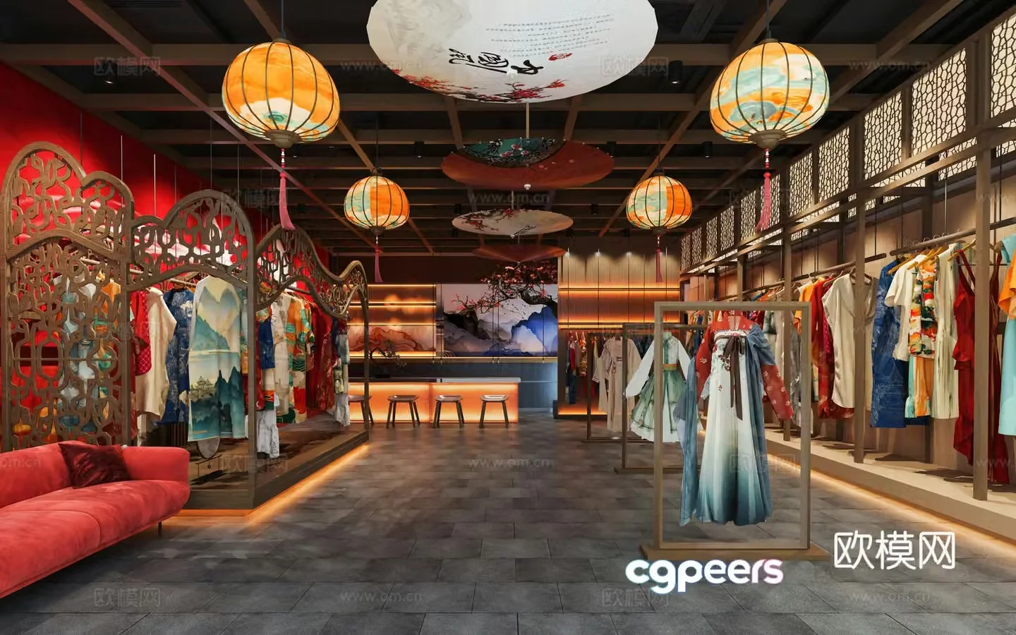 New Chinese-style Hanfu Pavilion Zen Hanfu Clothing Store National Trend Retro Clothing Store Song-style Aesthetic Hanfu Pavilion 3D Model