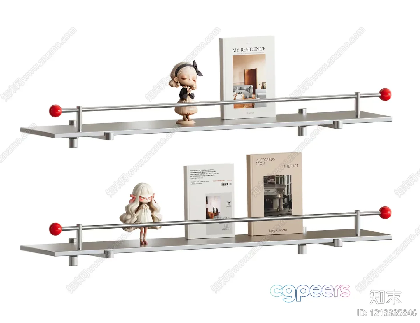 A Shelf With Figurines And Books 3D Model – 9886 – VRAY Render