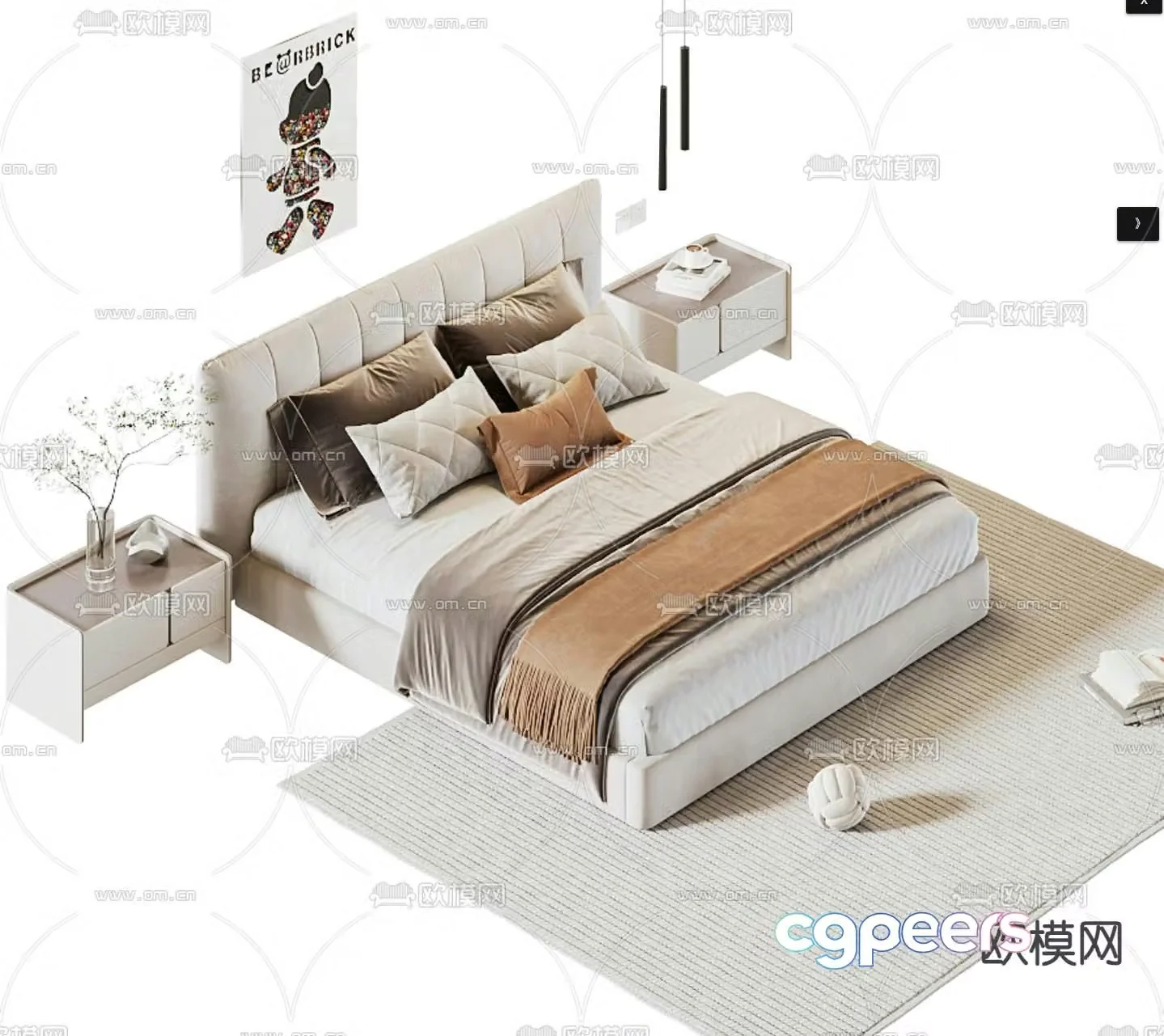 Cream style double bed 3d model