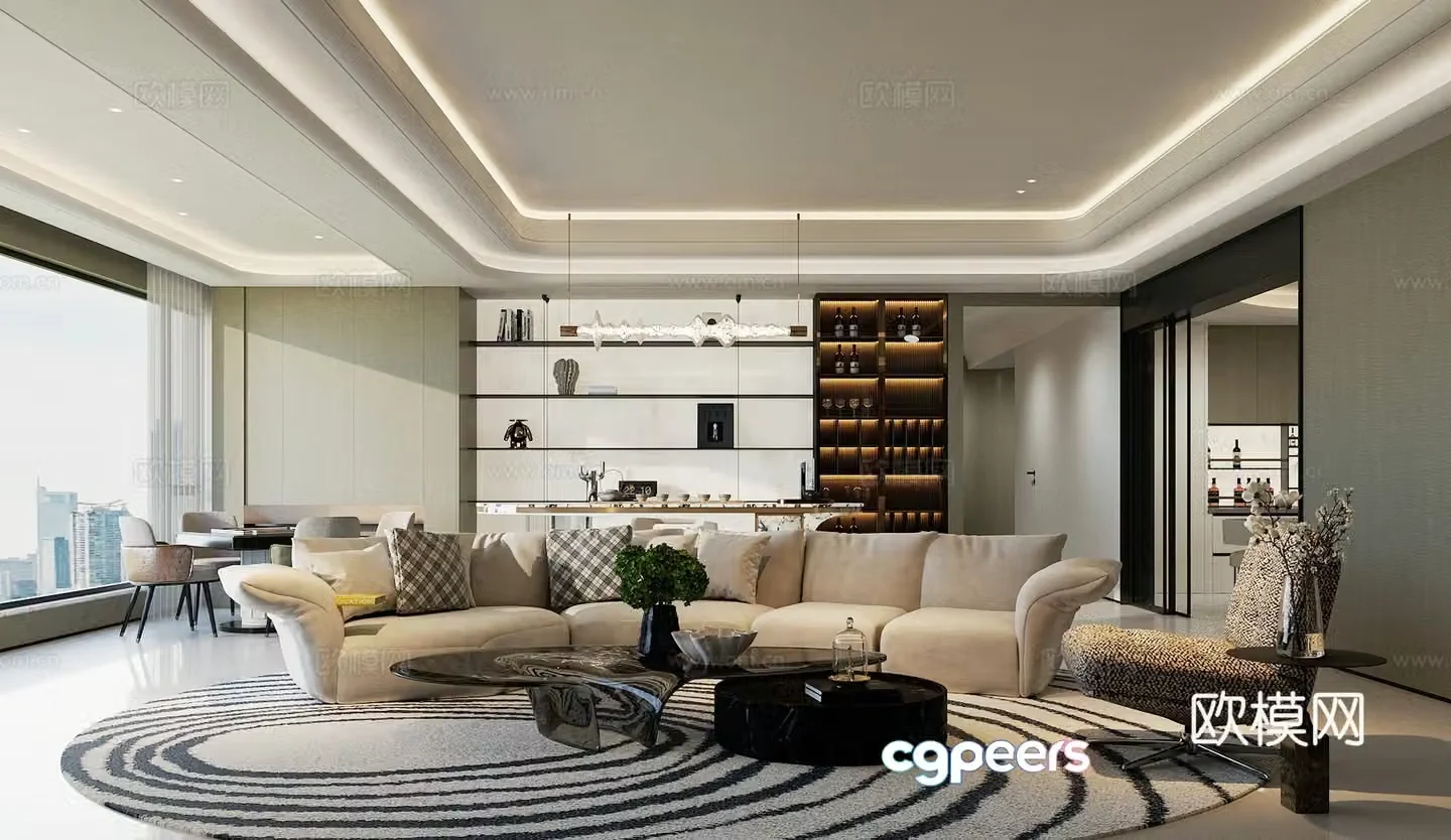 Modern light luxury home living room horizontal living room sofa coffee table combination light luxury wine cabinet 3D model