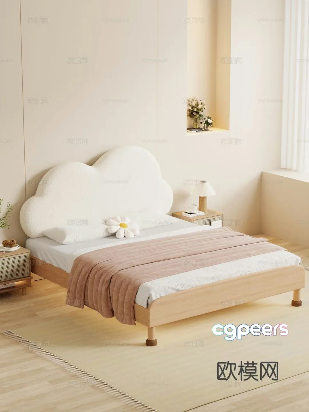 Cream bedroom Cloud double bed Double bed Bed nightstand Minimalist bed Decoration Hanging painting 3D model
