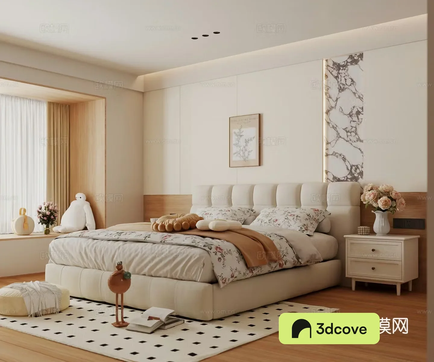 Cream log home bedroom log cream bay window bedroom
