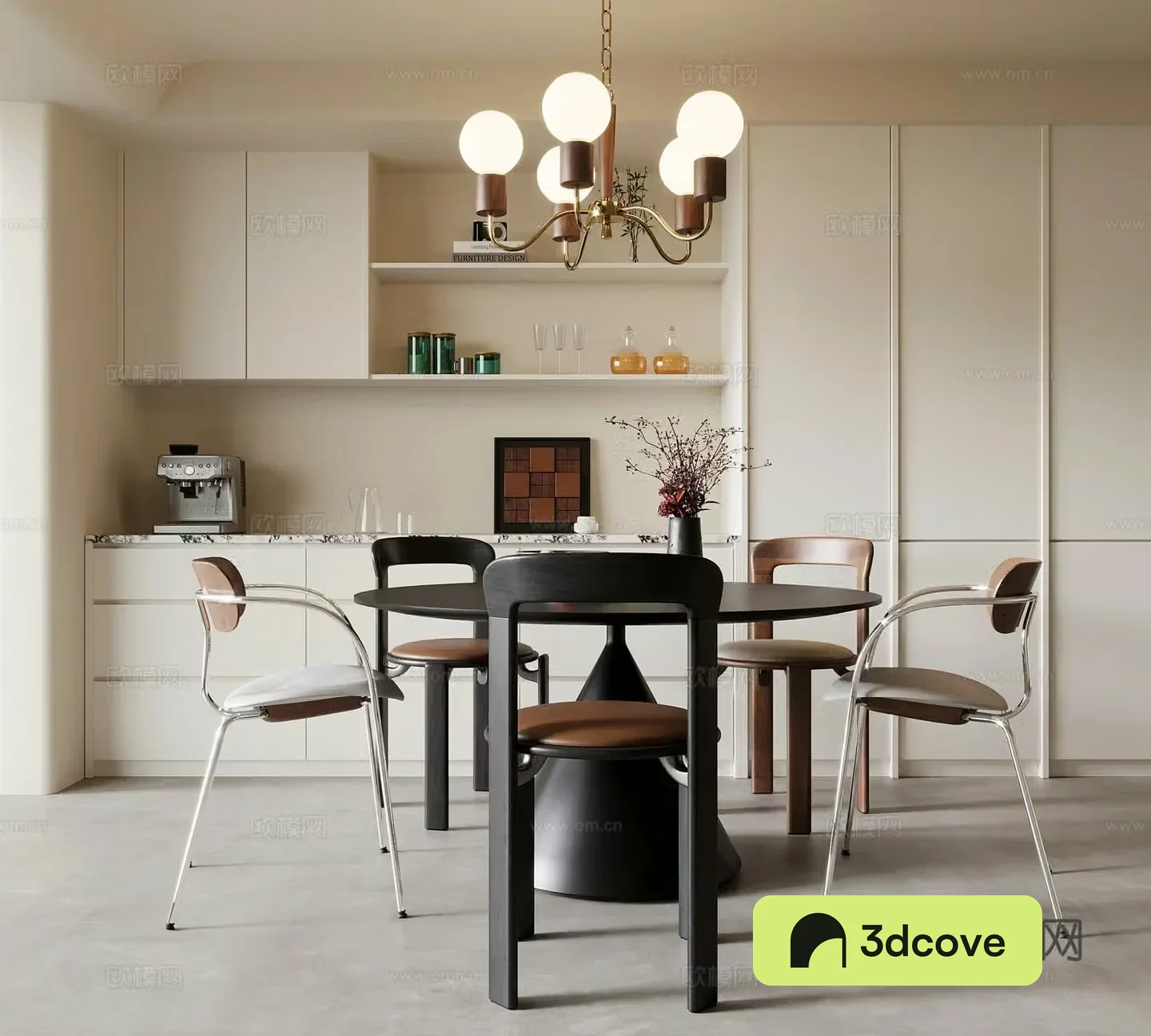 Middle-aged restaurant dining table and chairs wine cabinet 3d model