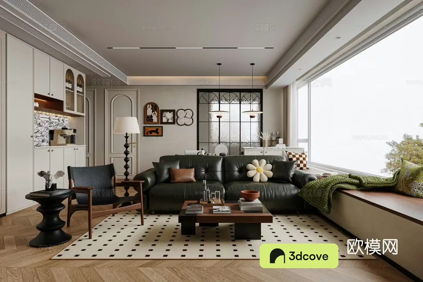 Middle style living room with large bay window living room 3D model