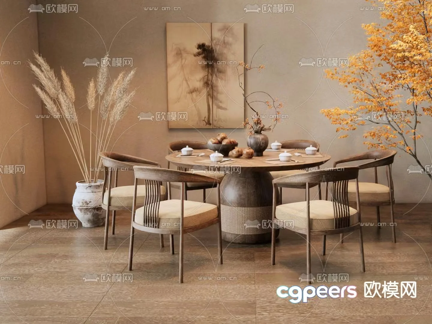 New Chinese dining table and chairs 3d model
