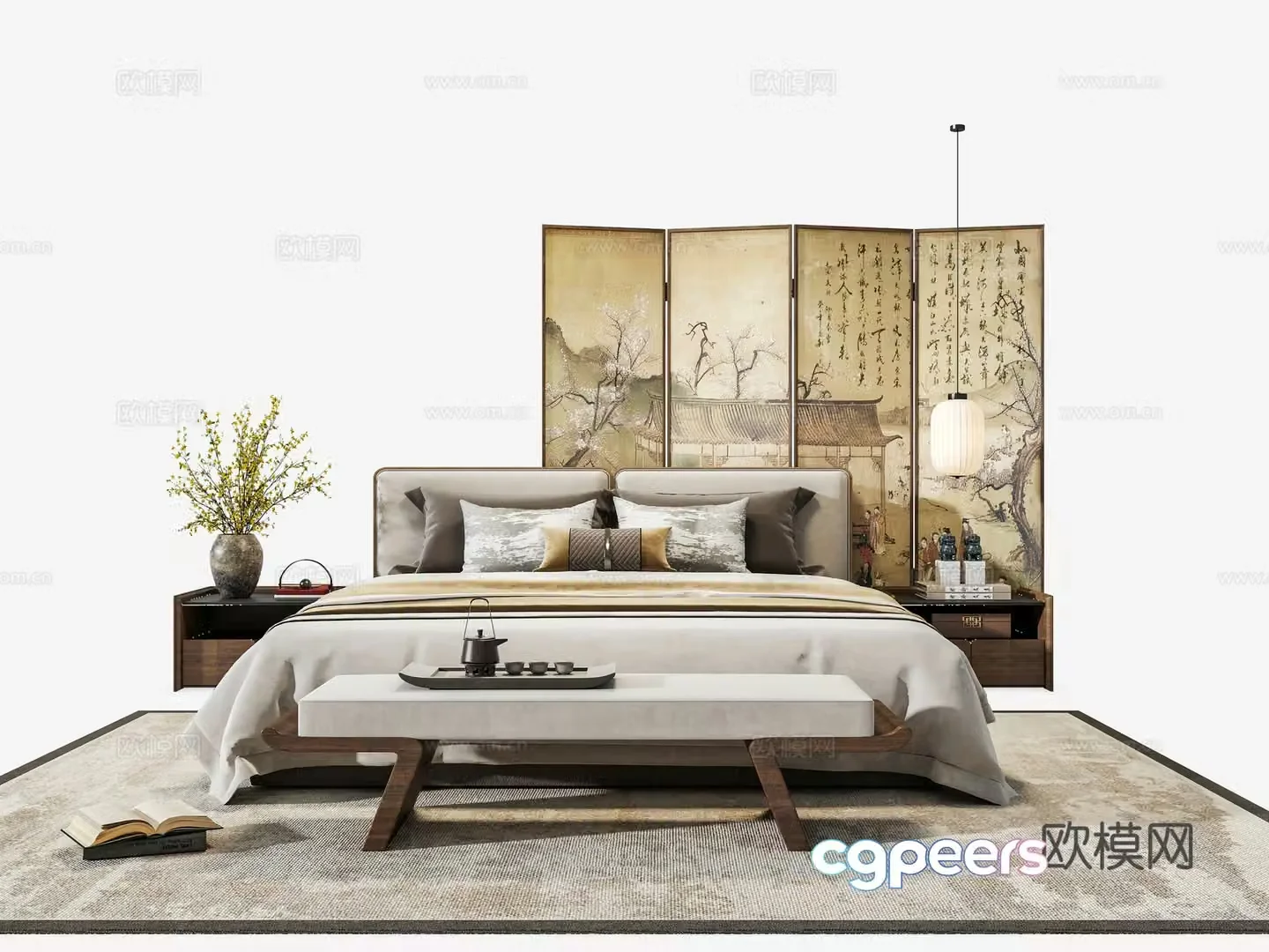 Zen new Chinese style master bedroom fabric double bed bed nightstand hanging line light Song style folding screen master bedroom bed 3D model