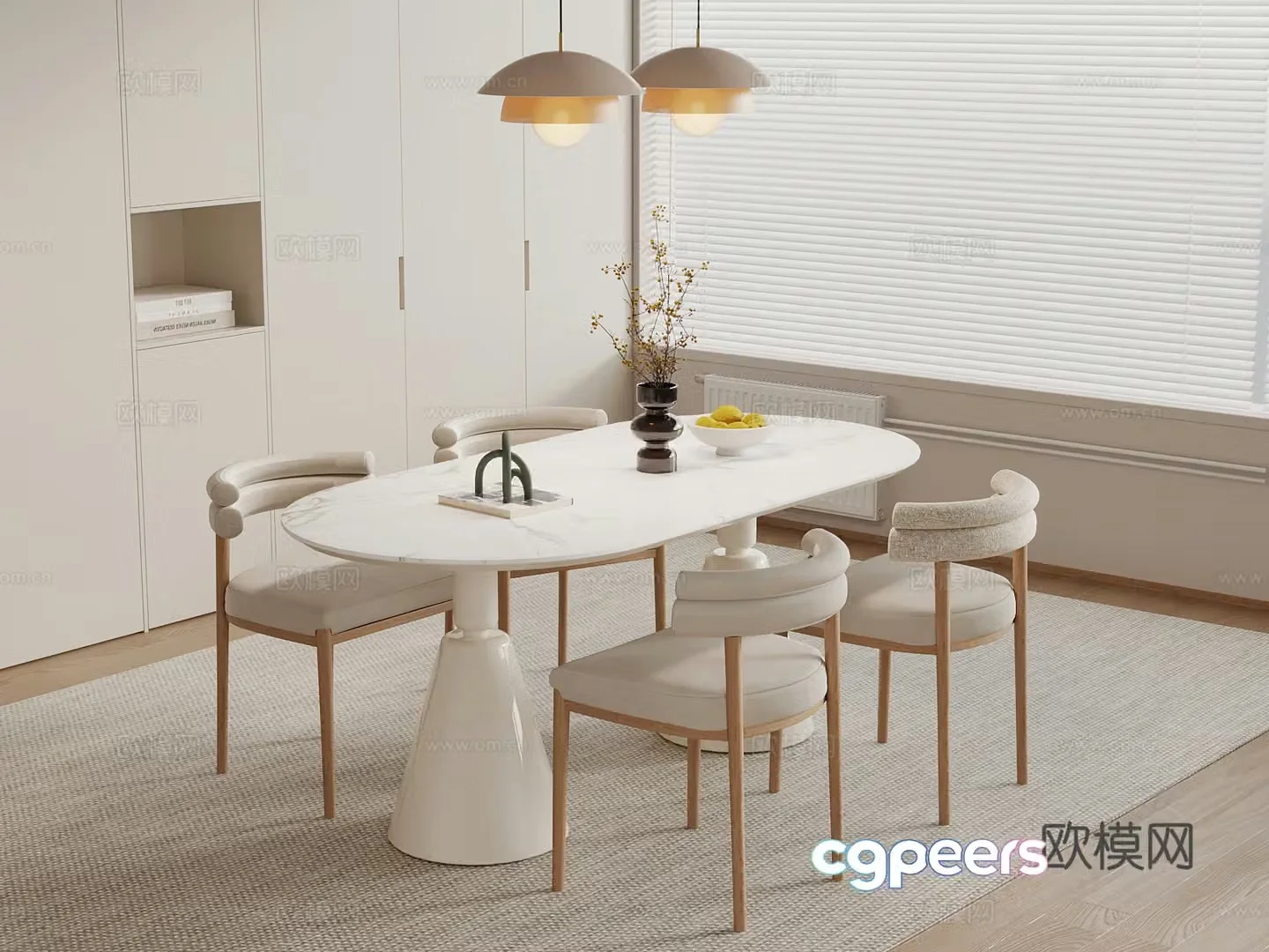 Creamy dining table and chair chandelier 3d model