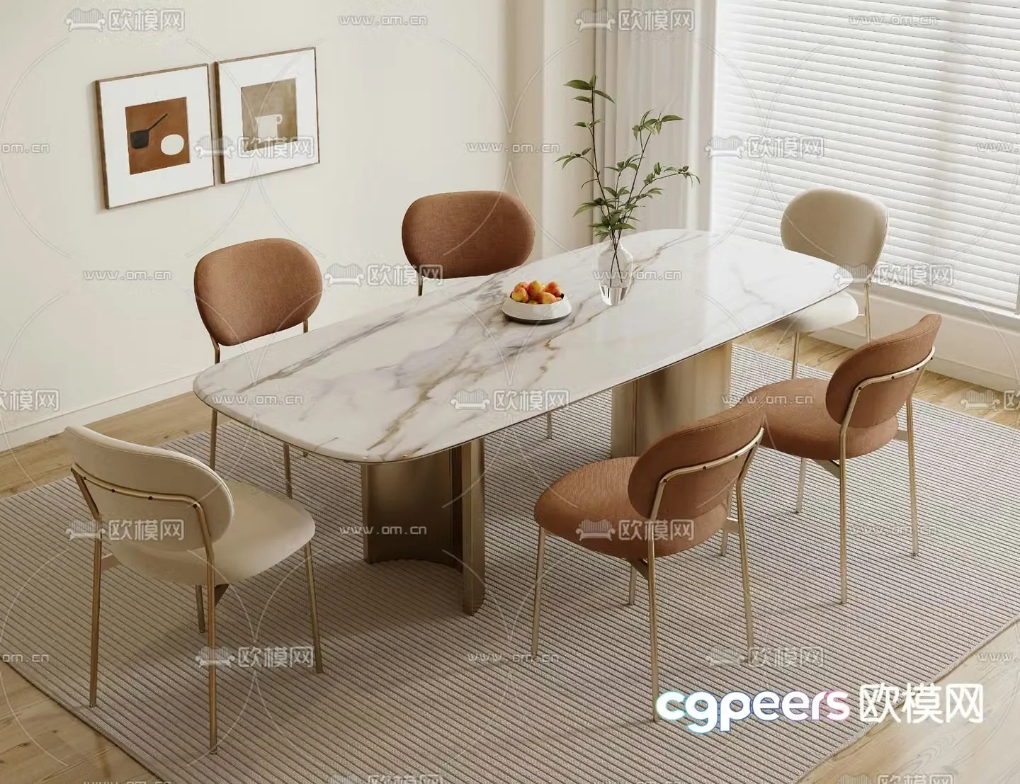 Cream style dining table and chairs slate dining table 3D model