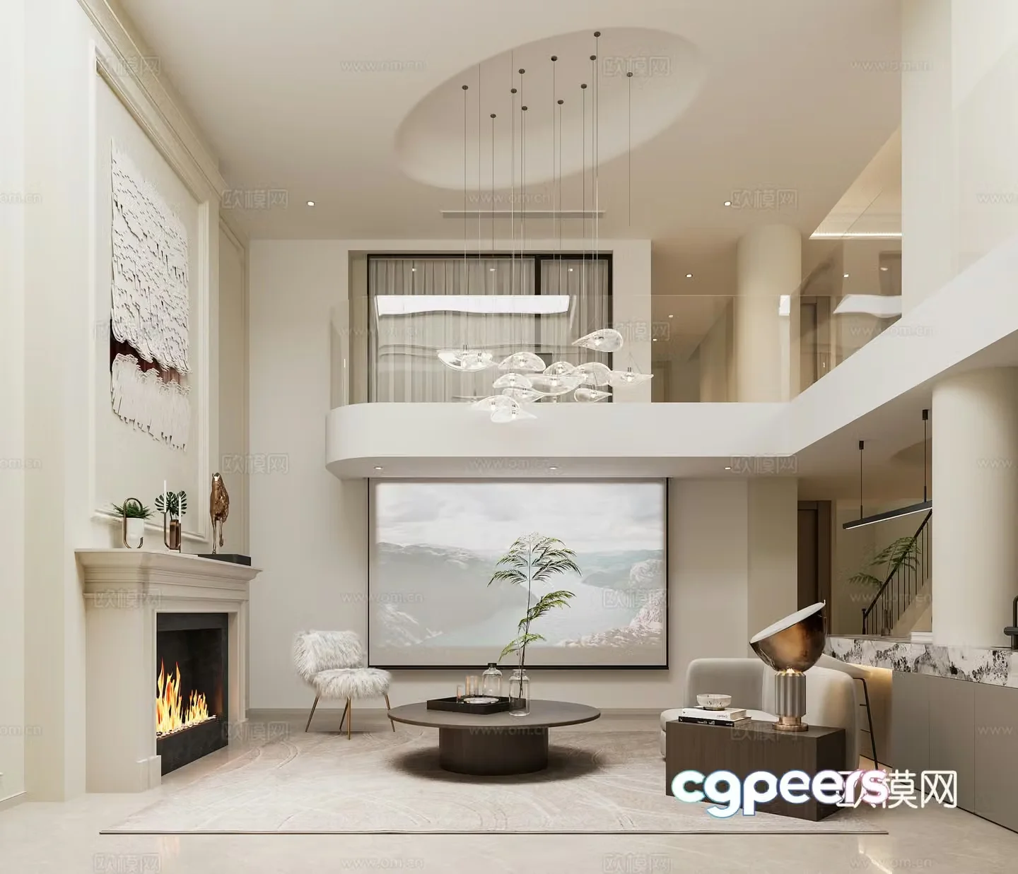 Modern Cream Villa Living Room Empty Living Room Sunken Living Room Sofa Combination Chandelier Fireplace 3D Model