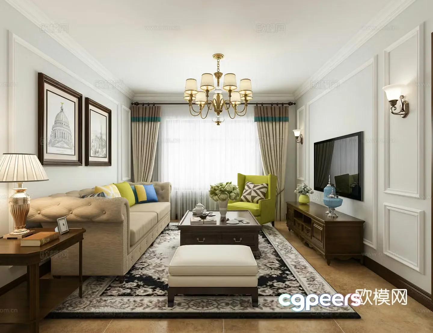 Simple American living and dining room sofa coffee table lamp hanging lamp hanging painting 3D model