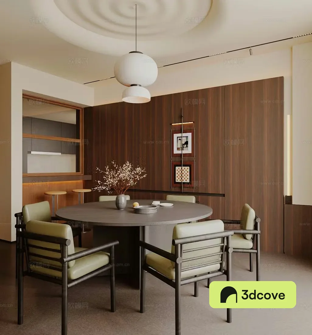 Middle style home restaurant round table restaurant open restaurant restaurant kitchen retro style restaurant 3d model